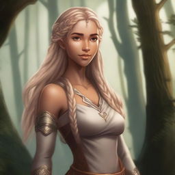 A tall and strong half-elf woman with long braided blonde hair, honey-colored eyes, and brown skin