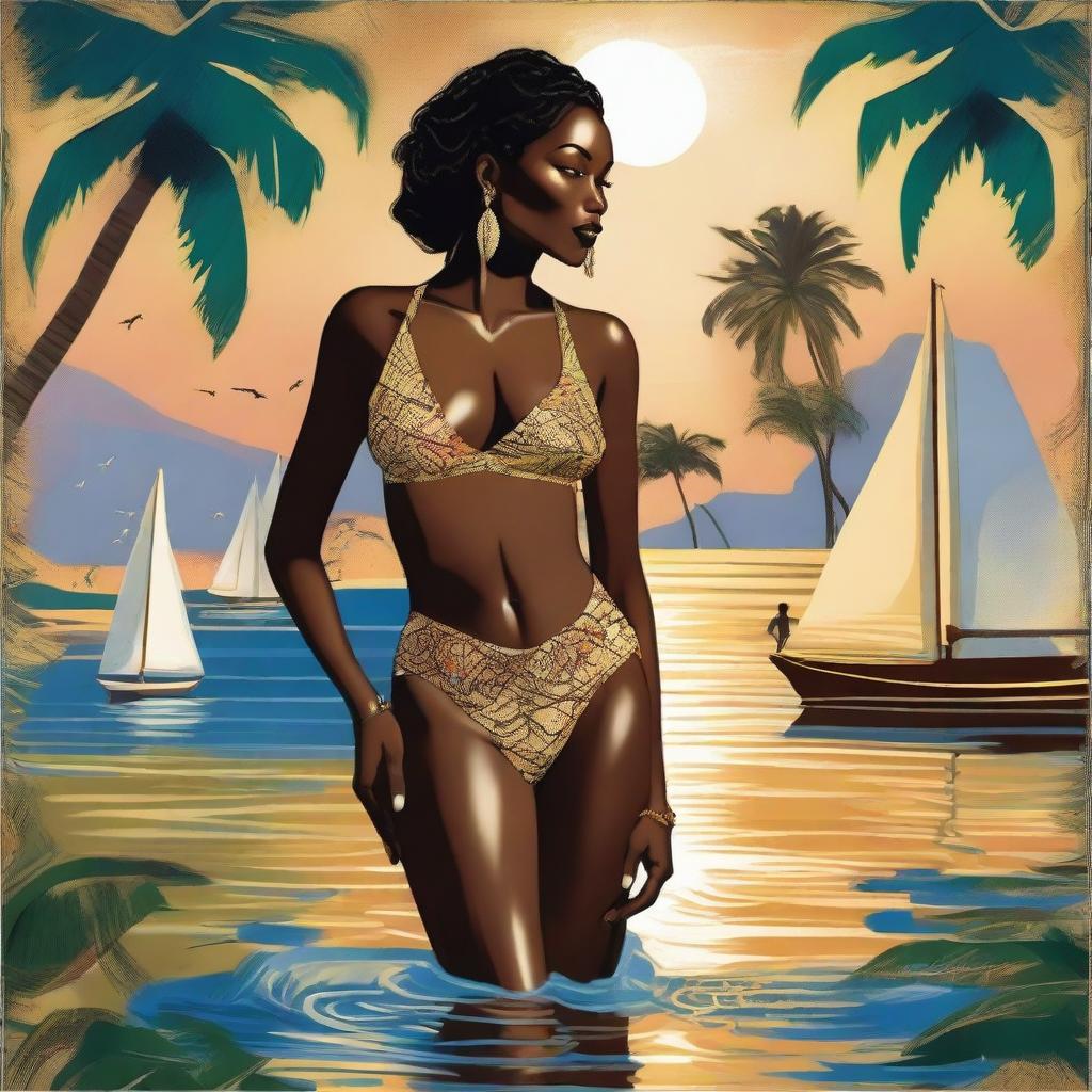 In this vibrant image, a beautiful darkskin African American woman is depicted standing elegantly outdoors by the water, bathed in moonlight