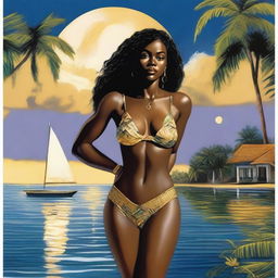 In this vibrant image, a beautiful darkskin African American woman is depicted standing elegantly outdoors by the water, bathed in moonlight