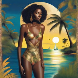 In this vibrant image, a beautiful darkskin African American woman is depicted standing elegantly outdoors by the water, bathed in moonlight