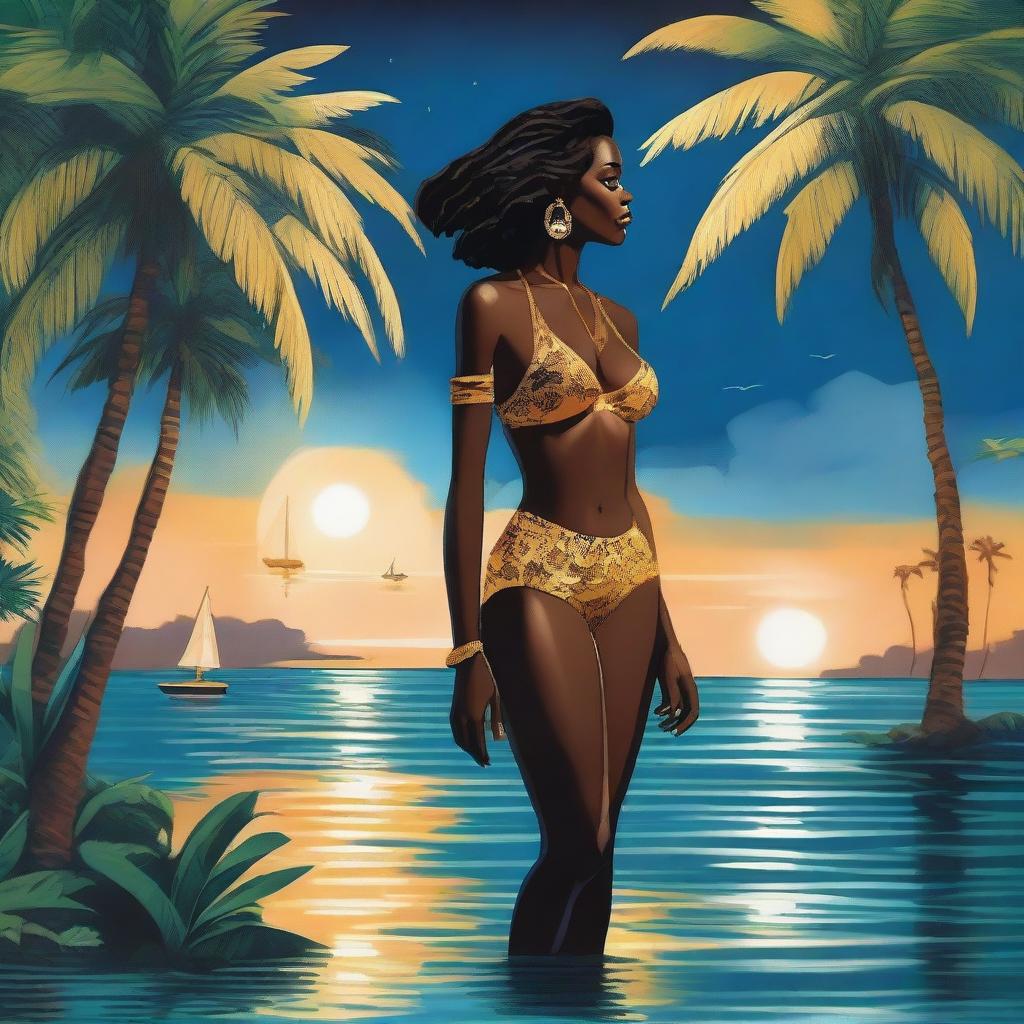 In this vibrant image, a beautiful darkskin African American woman is depicted standing elegantly outdoors by the water, bathed in moonlight