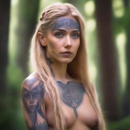 A tall and strong half-elf woman with long braided golden blonde hair, bright eyes, and brown skin