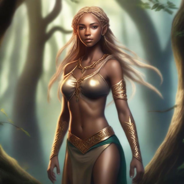 A tall and strong half-elf woman with long braided golden blonde hair, shiny black eyes, and brown skin