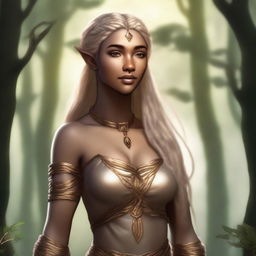 A tall and strong half-elf woman with long braided golden blonde hair, shiny black eyes, and brown skin