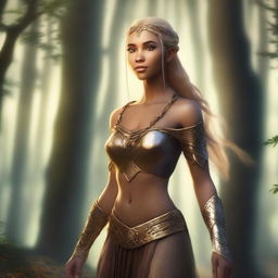 A tall and strong half-elf woman with long braided golden blonde hair, shiny black eyes, and brown skin