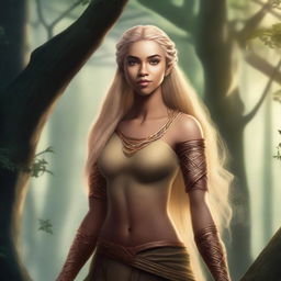 A tall and strong half-elf woman with long braided golden blonde hair, shiny black eyes, and brown skin