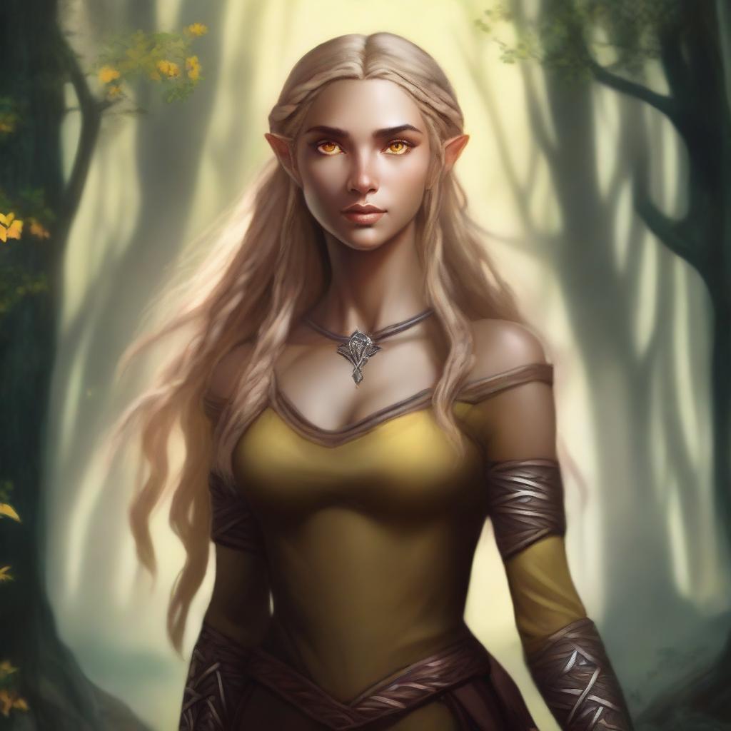 A tall and strong half-elf woman with long braided golden blonde hair, bright yellow eyes, and brown skin