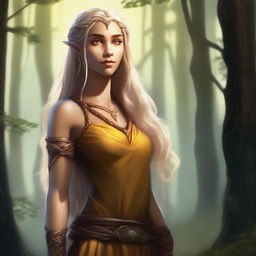 A tall and strong half-elf woman with long braided golden blonde hair, bright yellow eyes, and brown skin