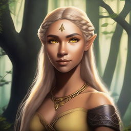 A tall and strong half-elf woman with long braided golden blonde hair, bright yellow eyes, and brown skin