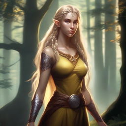 A tall and strong half-elf woman with long braided golden blonde hair, bright yellow eyes, and brown skin