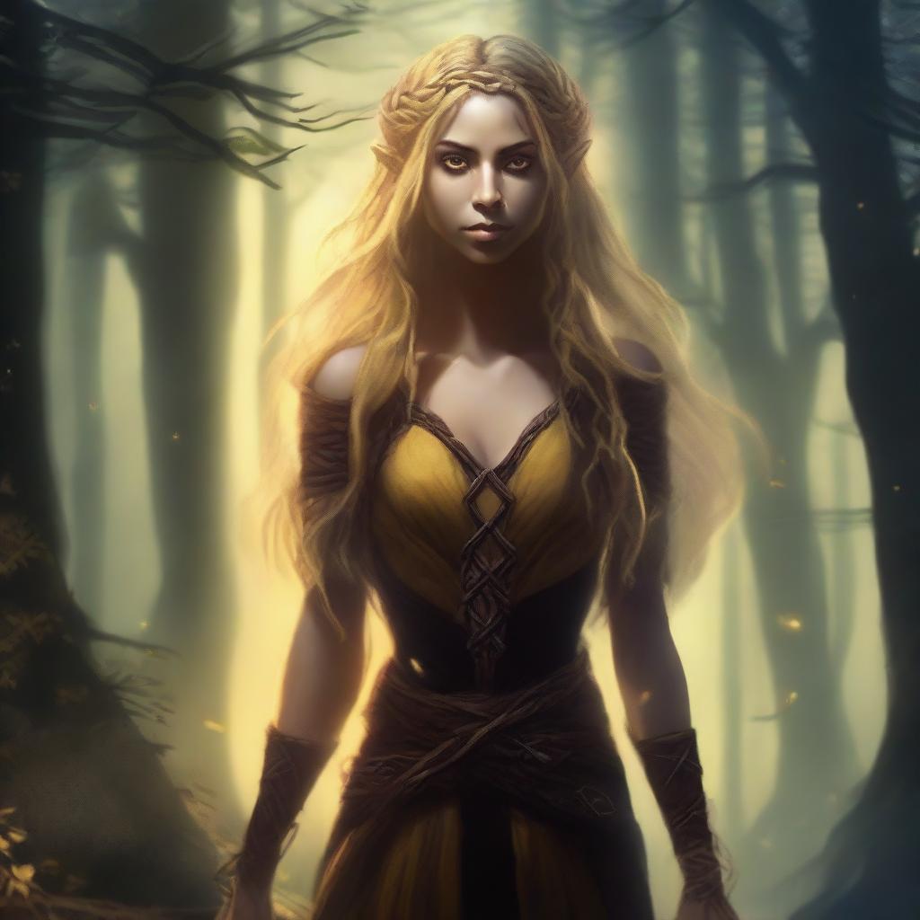 A tall and strong half-elf woman with long braided golden blonde hair, bright yellow eyes, and brown skin