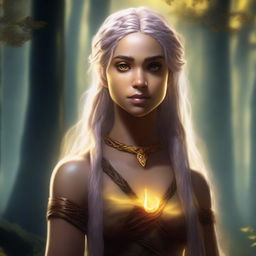 A tall and strong half-elf woman with long braided golden blonde hair, bright yellow eyes, and brown skin