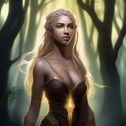 A tall and strong half-elf woman with long braided golden blonde hair, bright yellow eyes, and brown skin