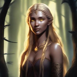 A tall and strong half-elf woman with long braided golden blonde hair, bright yellow eyes, and brown skin