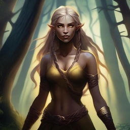 A tall and sturdy half-elf woman with long braided blonde hair, bright yellow eyes, and brown skin