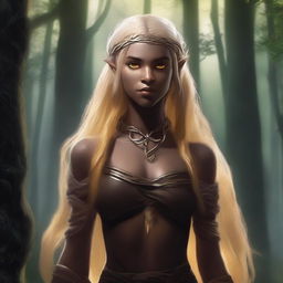 A tall and sturdy half-elf woman with long braided blonde hair, bright yellow eyes, and brown skin