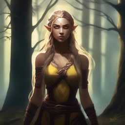 A tall and sturdy half-elf woman with long braided blonde hair, bright yellow eyes, and brown skin