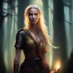 A tall and sturdy half-elf woman with long braided blonde hair, bright yellow eyes, and brown skin