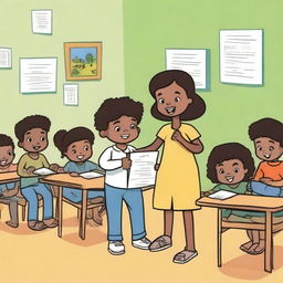 Criação de um desenho para livro infantil que mostra uma criança pequena dentro de uma sala de aula, batendo em outra criança