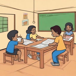 Criação de um desenho para livro infantil que mostra uma criança pequena dentro de uma sala de aula, batendo em outra criança