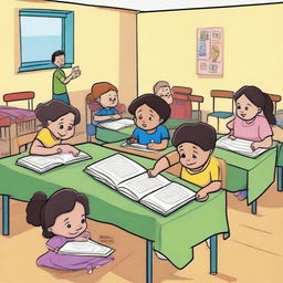 Criação de um desenho para livro infantil que mostra uma criança pequena dentro de uma sala de aula, batendo em outra criança