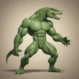 A muscular human figure in cartoon style with a lizard head, combining human strength with intriguing reptile features.