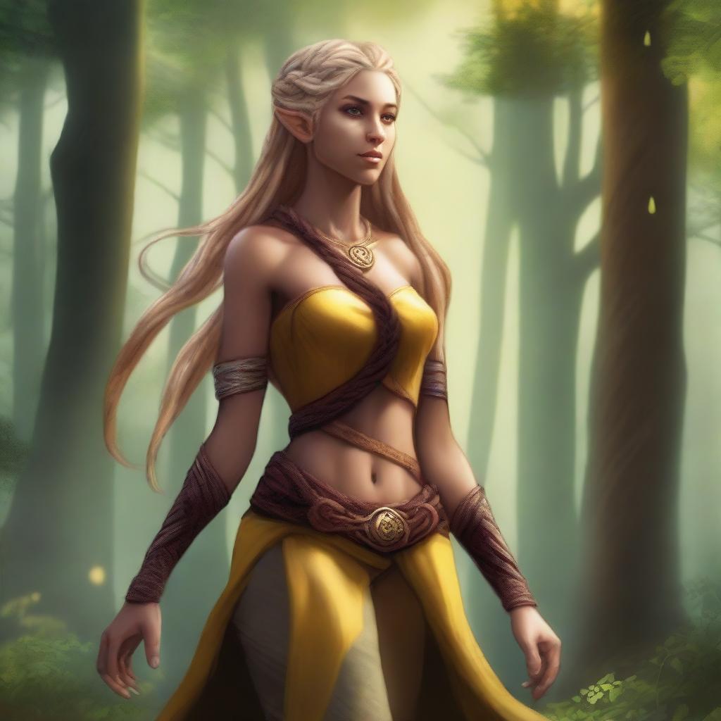 A tall and sturdy half-elf woman with long braided blonde hair, bright yellow eyes, and brown skin