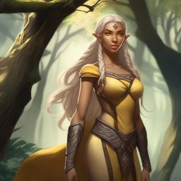 A tall and sturdy half-elf woman with long braided blonde hair, bright yellow eyes, and brown skin