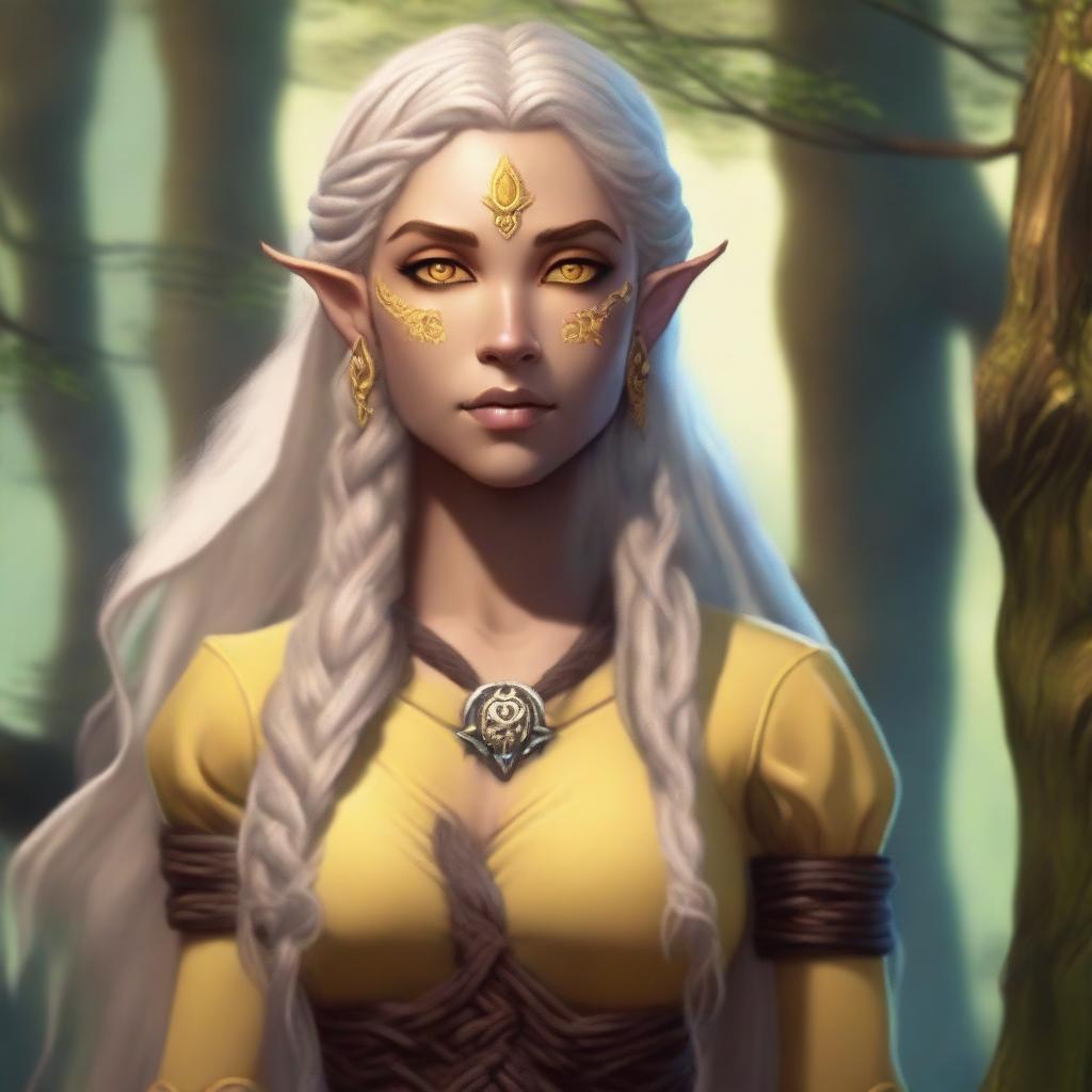 A tall and sturdy half-elf woman with long braided blonde hair, bright yellow eyes, and brown skin