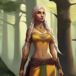 A tall and sturdy half-elf woman with long braided blonde hair, bright yellow eyes, and brown skin