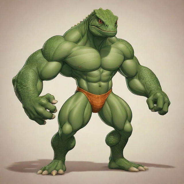 A muscular human figure in cartoon style with a lizard head, combining human strength with intriguing reptile features.