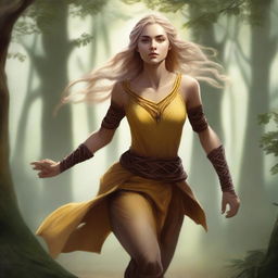 A strong half-elf woman with long braided blonde hair, bright yellow eyes, and brown skin running swiftly