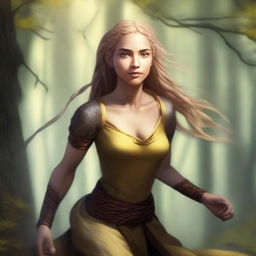 A strong half-elf woman with long braided blonde hair, bright yellow eyes, and brown skin running swiftly