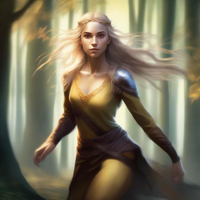 A strong half-elf woman with long braided blonde hair, bright yellow eyes, and brown skin running swiftly