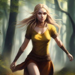 A strong half-elf woman with long braided blonde hair, bright yellow eyes, and brown skin running swiftly