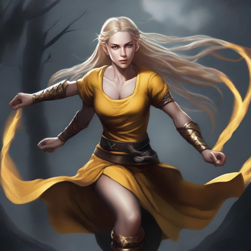 A strong half-elf woman with long braided blonde hair, golden skin, and bright yellow eyes, running swiftly