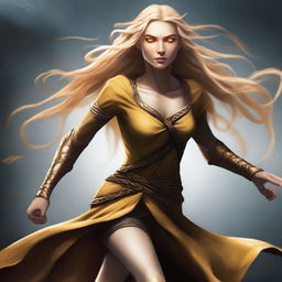 A strong half-elf woman with long braided blonde hair, golden skin, and bright yellow eyes, running swiftly