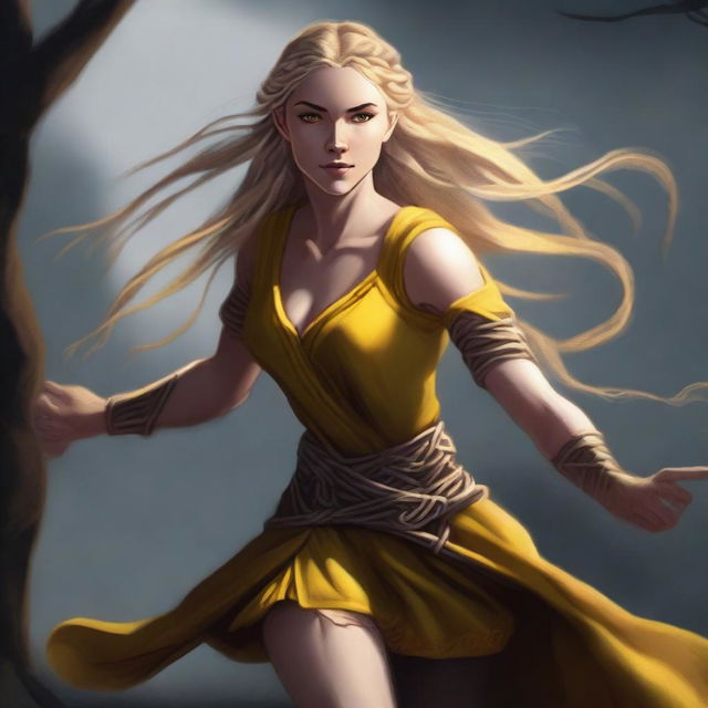 A strong half-elf woman with long braided blonde hair, golden skin, and bright yellow eyes, running swiftly