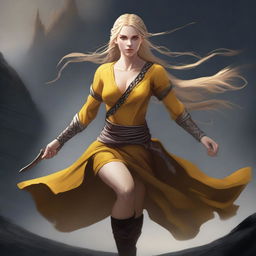 A strong half-elf woman with long braided blonde hair, golden skin, and bright yellow eyes, running swiftly