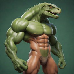 A muscular human figure in cartoon style with a lizard head, combining human strength with intriguing reptile features.