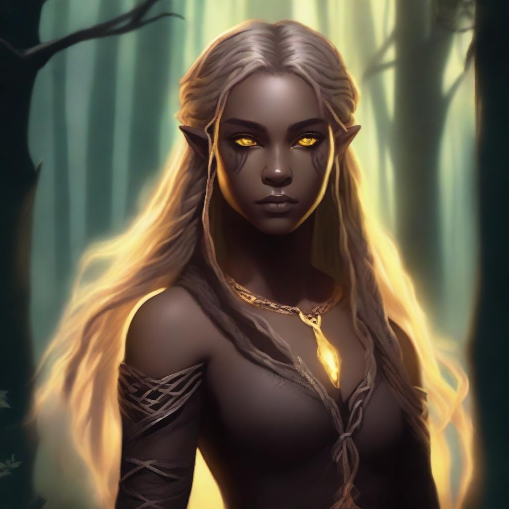 A magical and strong half-elf woman with long braided blonde hair, glowing yellow eyes, and brown skin