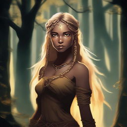 A magical and strong half-elf woman with long braided blonde hair, glowing yellow eyes, and brown skin