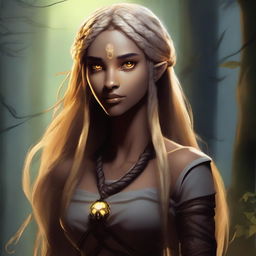 A magical and strong half-elf woman with long braided blonde hair, glowing yellow eyes, and brown skin