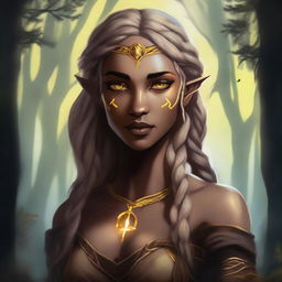 A magical and strong half-elf woman with long braided blonde hair, glowing yellow eyes, and brown skin