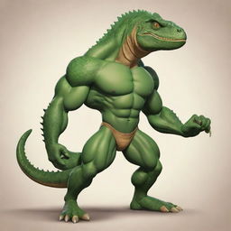 A muscular human figure in cartoon style with a lizard head, combining human strength with intriguing reptile features.