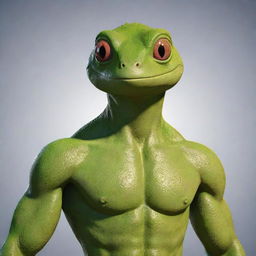 An animated design of a character with a well-defined chest and the head of a gecko.