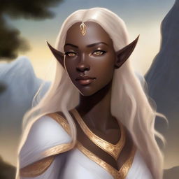 A strong half-elf woman with pointed ears, dark skin, and long blonde hair