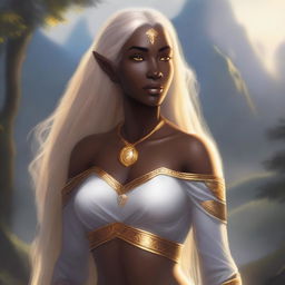 A strong half-elf woman with pointed ears, dark skin, and long blonde hair