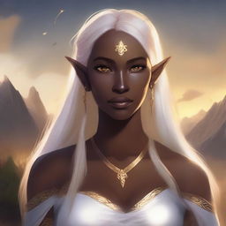 A strong half-elf woman with pointed ears, dark skin, and long blonde hair