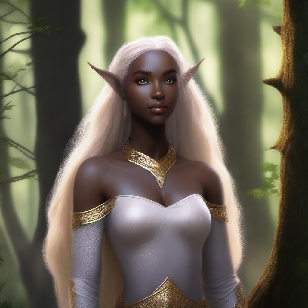 A strong, dark-skinned half-elf woman with pointed ears, long blonde hair, and bright white eyes